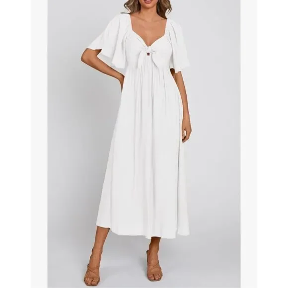 NEW Short Sleeve Bow Tie V Neck Ruffle Midi Flowy Dress L - Picture 7 of 7